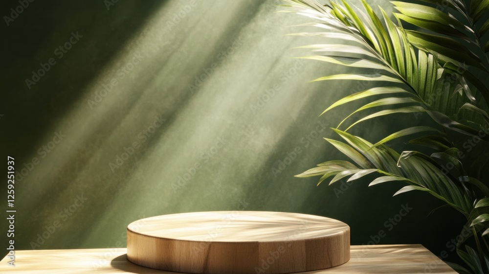 Fototapeta premium Wooden display platform, sunlit, green background, palm leaves, product presentation
