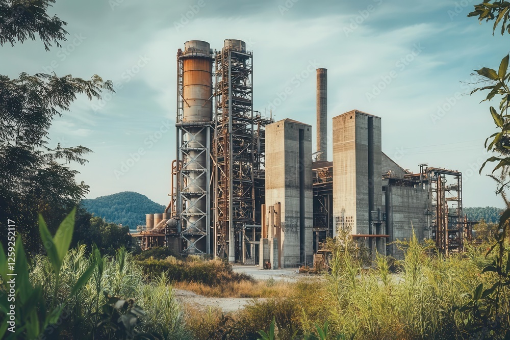 Obraz premium Abandoned Cement Factory Amid Industrial Crisis Under Gray Skies