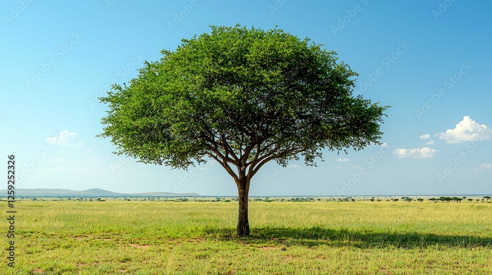 Majestic Savanna Landscape: A Single Tree in Vast Grassland Under a Sunny Sky Majestic Savanna Landscape: A Single Tree in Vast Grassland Under a Sunny Sky