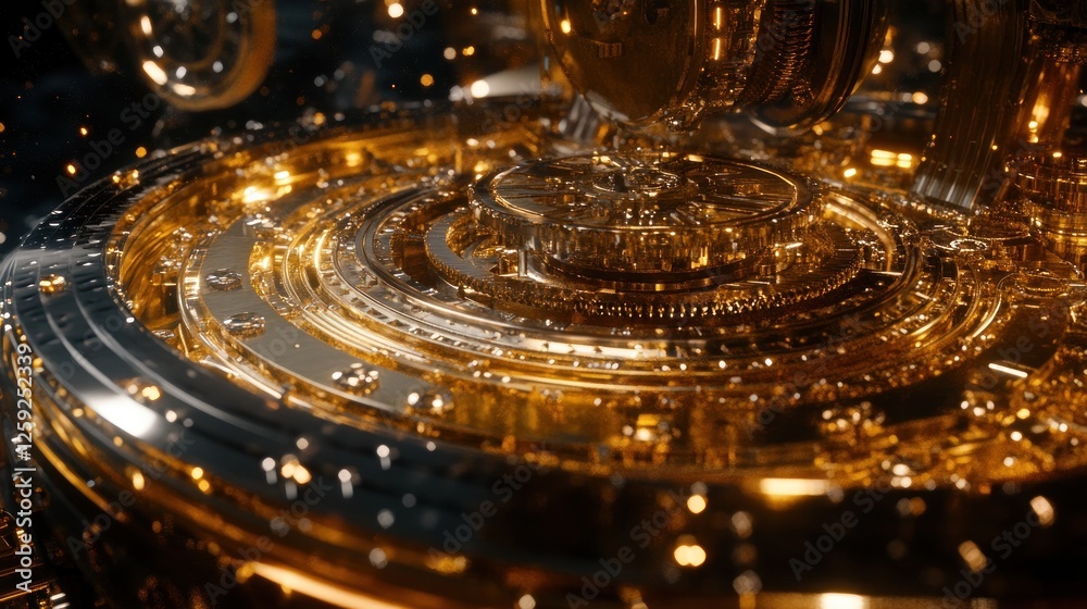 Intricate Golden Gear Mechanism Rotating System Intricate Golden Gear Mechanism Rotating System