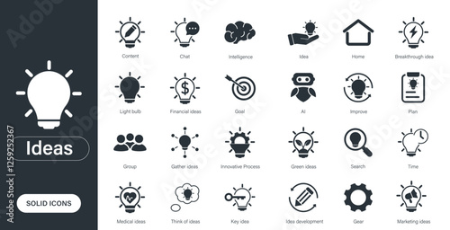 Solid vector icons themed around ideas, light bulbs, creative thinking, and innovation.