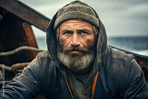 Rugged fisherman with a beard, deep in thought, aboard his wooden boat, with a backdrop of gloomy seas and overcast skies