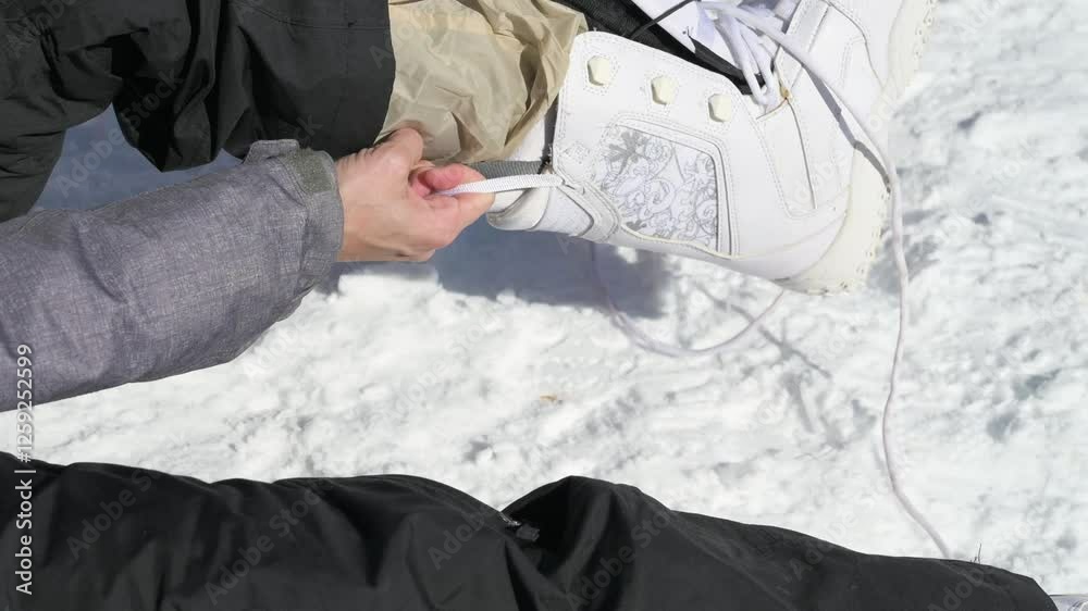 Person putting on boots for a snowboard Person putting on boots for a snowboard
