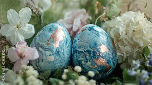 Decorative blue eggs with gold accents surrounded by spring flowers in a natural arrangement photo