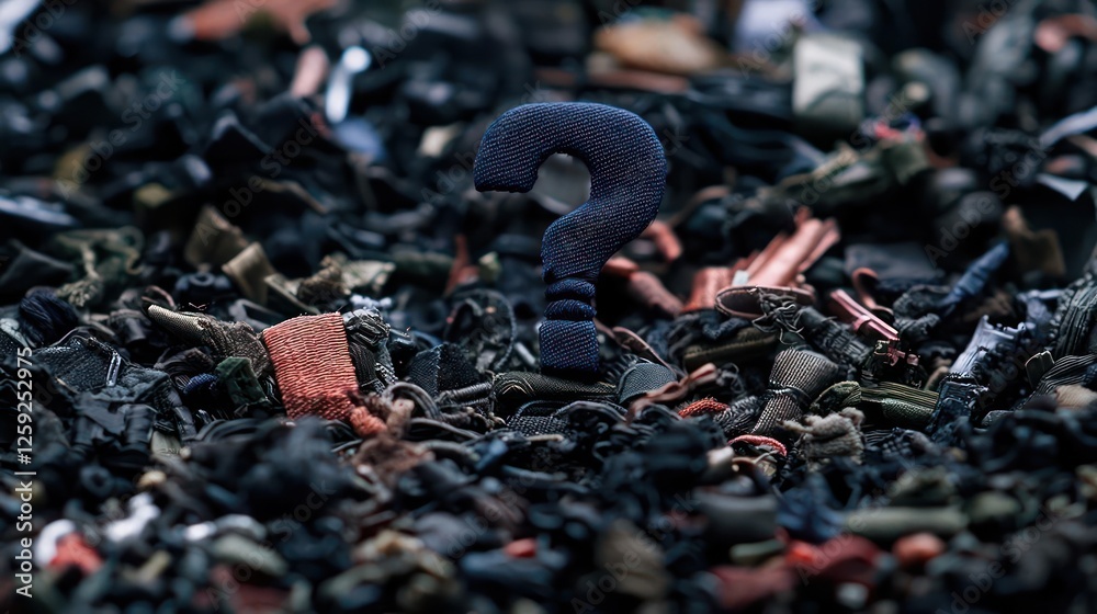 Question Mark in Pile of Dark Textile Waste Question Mark in Pile of Dark Textile Waste
