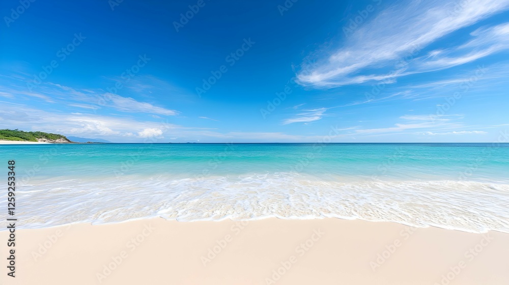 Panoramic View Of A Pristine Beach With Turquoise Water And A Clear Blue Sky Panoramic View Of A Pristine Beach With Turquoise Water And A Clear Blue Sky