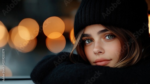 Young Woman with Stylish Beanie Against a Bokeh Background photo