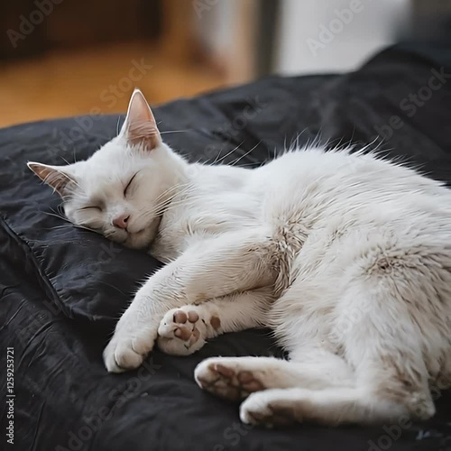 Relaxed White Cat Sleeping Peacefully on the Sofa