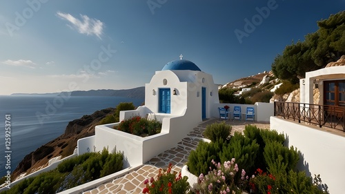 Situated on a cliffside with a view of the deep blue Aegean Sea, this gorgeous Greek home has blue windows and doors and is white-washed. The sky is clear with a few gentle clouds, and the path is bor photo