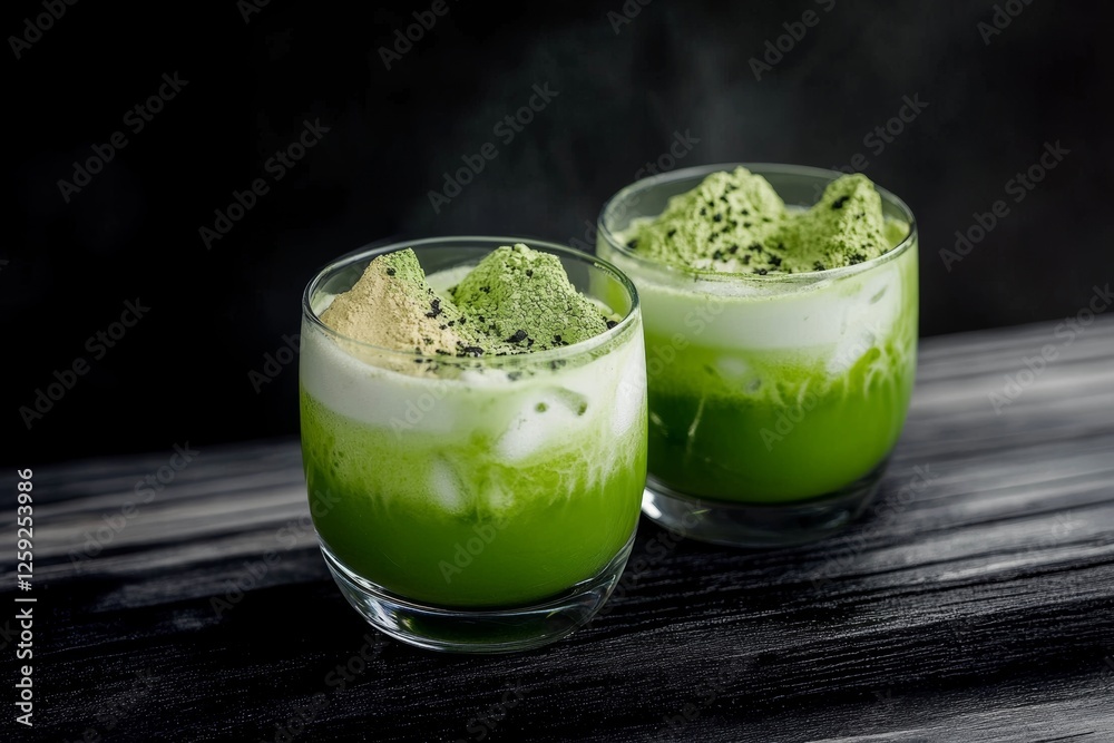Refreshing matcha drinks served in elegant glasses with creamy foam topped with green powder Refreshing matcha drinks served in elegant glasses with creamy foam topped with green powder