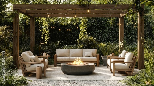 Serene Outdoor Patio with Fire Pit and Pergola