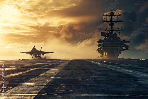 Military aircraft carrier with fighter jets in the sea at sunset
