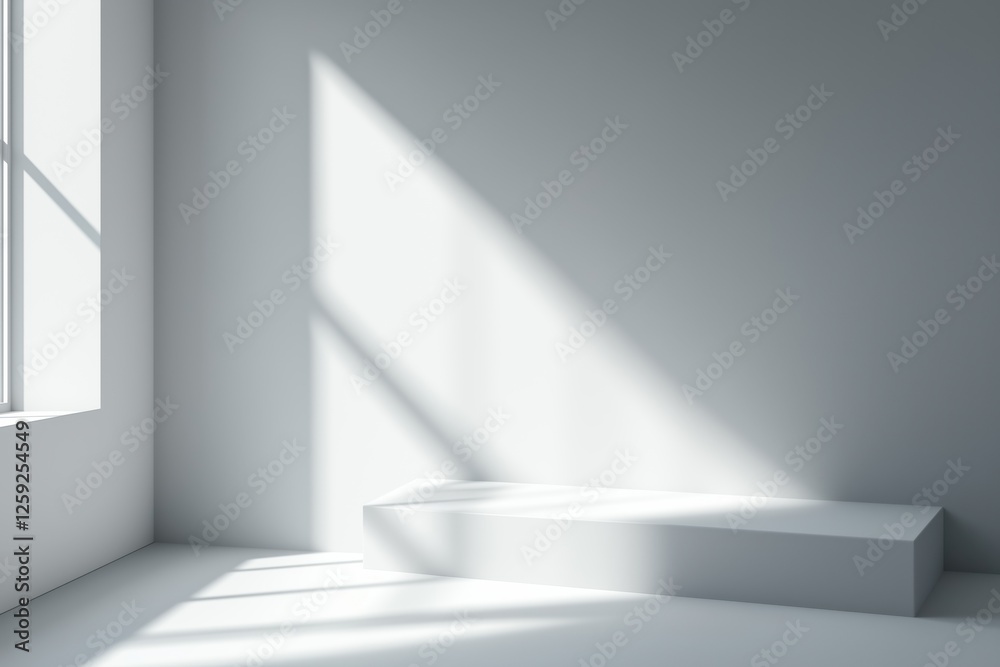 Obraz premium Espaço minimalista com luz natural projetando sombras dramáticas, apresentando um pódio simples e elementos decorativos sutis, criado com IA generativa