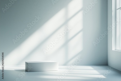 Espaço minimalista com luz natural projetando sombras dramáticas, apresentando um pódio simples e elementos decorativos sutis, criado com IA generativa photo