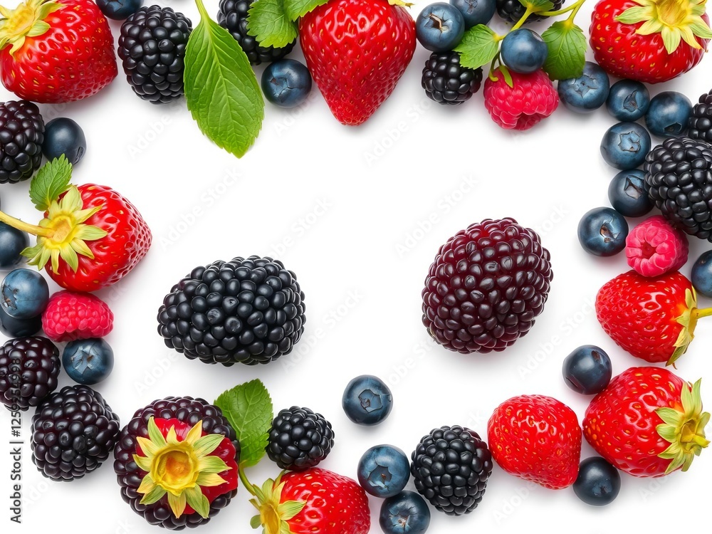 Various fresh forest berries like strawberries, blueberries, raspberries, and blackberries arranged in a border frame on a white background in a top view flat lay style, fresh, blackberries, top view Various fresh forest berries like strawberries, blueberries, raspberries, and blackberries arranged in a border frame on a white background in a top view flat lay style, fresh, blackberries, top view