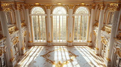 Majestic interior of an opulent hall with golden accents and large windows overlooking a garden