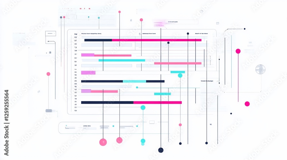 Abstract data visualization with lines, bars, circles and a white background forming a unique chart