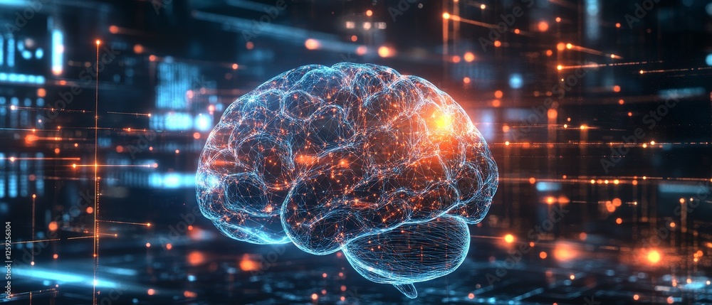 AI brain with neural network connections, glowing lights and data streams, futuristic technology concept, perfect for machine learning and AI innovations. AI brain with neural network connections, glowing lights and data streams, futuristic technology concept, perfect for machine learning and AI innovations.