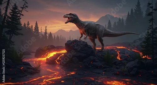 Fototapeta Tyrannosaurus Rex Roaring on Lava River Bank with Forest Backdrop