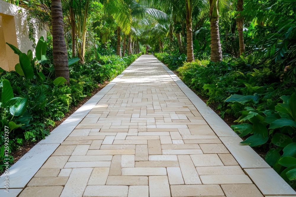 Sunlit Beige Stone Pathway Through Lush Tropical Foliage Sunlit Beige Stone Pathway Through Lush Tropical Foliage