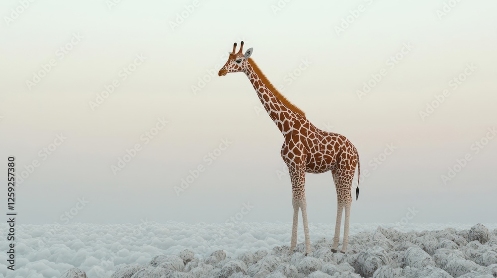 Obraz premium Giraffe Standing On Mist Covered Plains