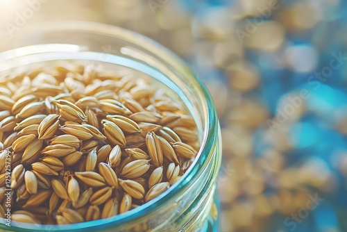 Barley Grain Close-Up: A close-up shot of raw barley grains filling a clear glass jar, capturing the natural texture and golden hue of this versatile grain. photo