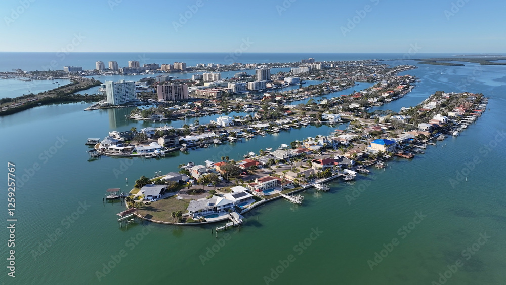 Fototapeta premium Clearwater Skyline At Clearwater In Florida United States. Beach Landscape. Bay Harbor Scenery. Downtown District. Clearwater Skyline At Clearwater In Florida United States. Amazing Cityscape.