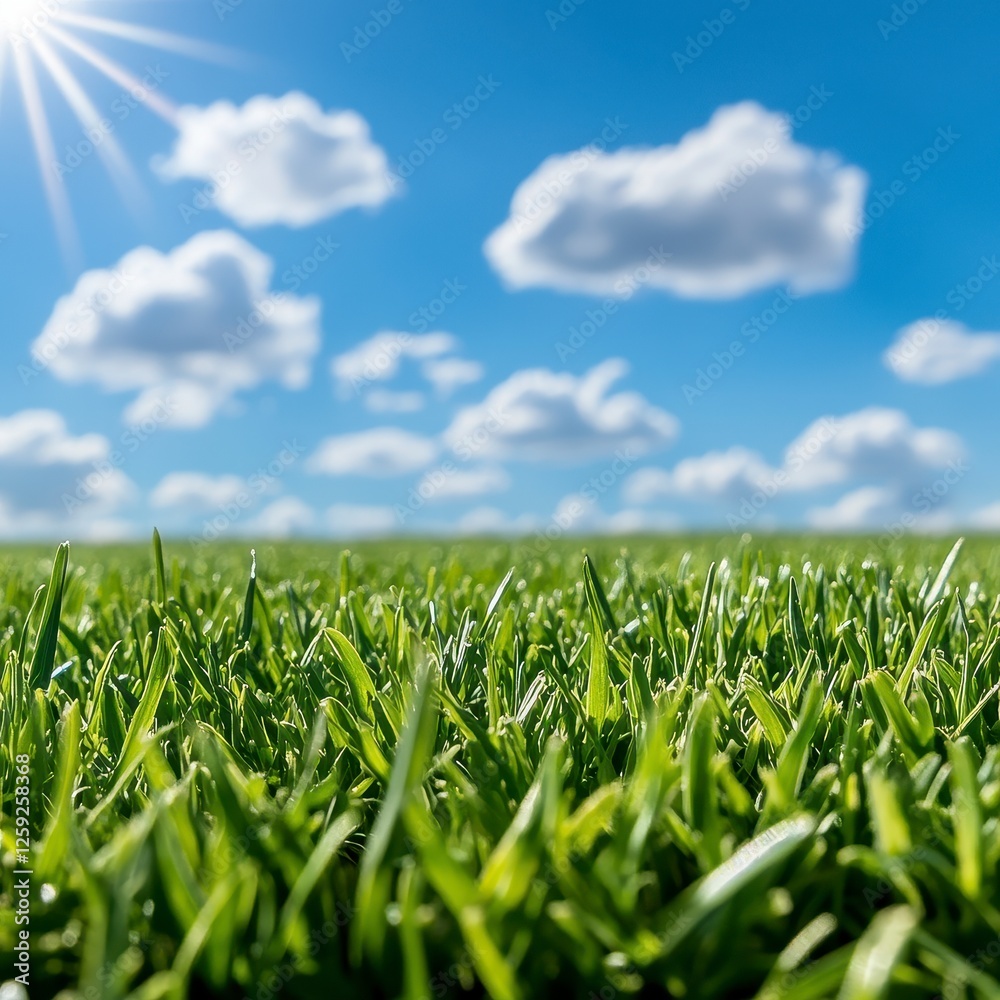 Sunny Day Green Grass Field with Fluffy White Clouds Sunny Day Green Grass Field with Fluffy White Clouds