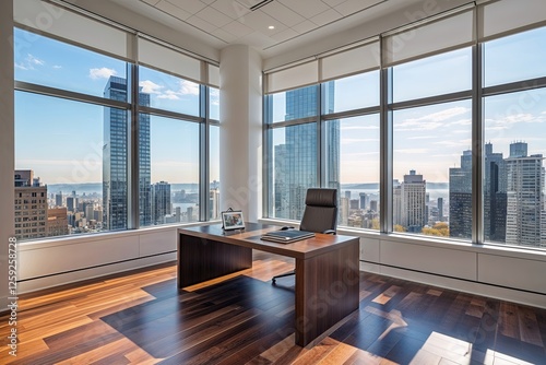 Bright and Stylish Minimalist Executive Office with Expansive Urban Views and Luxury Wooden Flooring