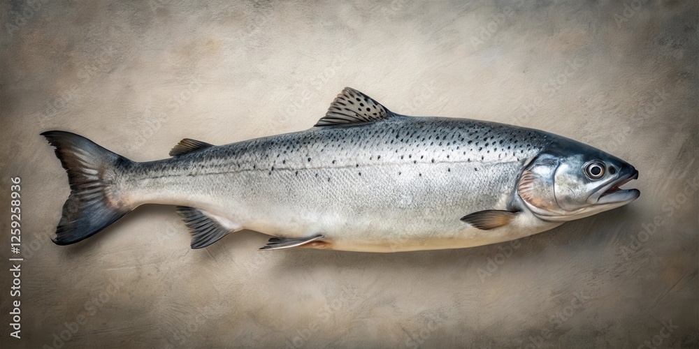 Obraz premium A single, fresh, whole salmon displayed on a neutral textured background, showcasing its silvery scales and robust form.