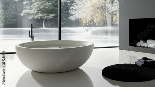 Modern minimalist bathroom design features a freestanding tub and large windows with winter landscape view