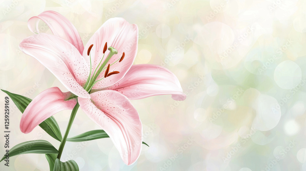 Fototapeta premium pastel toned watercolor illustration of pink lily, showcasing delicate petals and vibrant green leaves against soft, blurred background. This artwork evokes sense of tranquility and beauty
