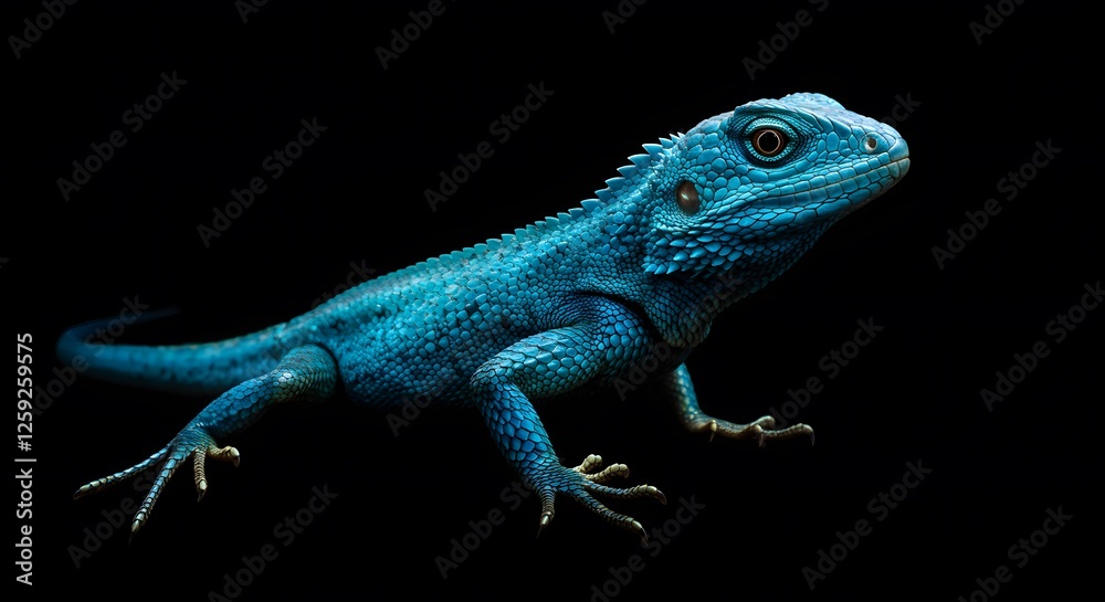 Obraz premium Blue Lizard Close-up on Black Background Showcasing Scales and Texture