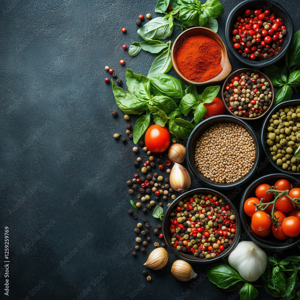 Photography of spice, herbs and ingredients, creating an empty space in the center for text or design elements. Photography of spice, herbs and ingredients, creating an empty space in the center for text or design elements.