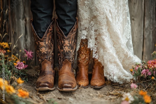 Couple standing together in cowboy boots surrounded by wildflowers at a rustic wedding