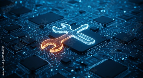 Wrench and Screwdriver Icon on Computer Circuit Board Technology Repair