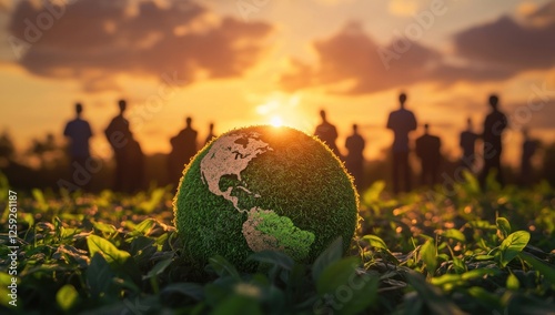 Sunset Silhouette of People with a Grassy Globe Representing Global Environmentalism