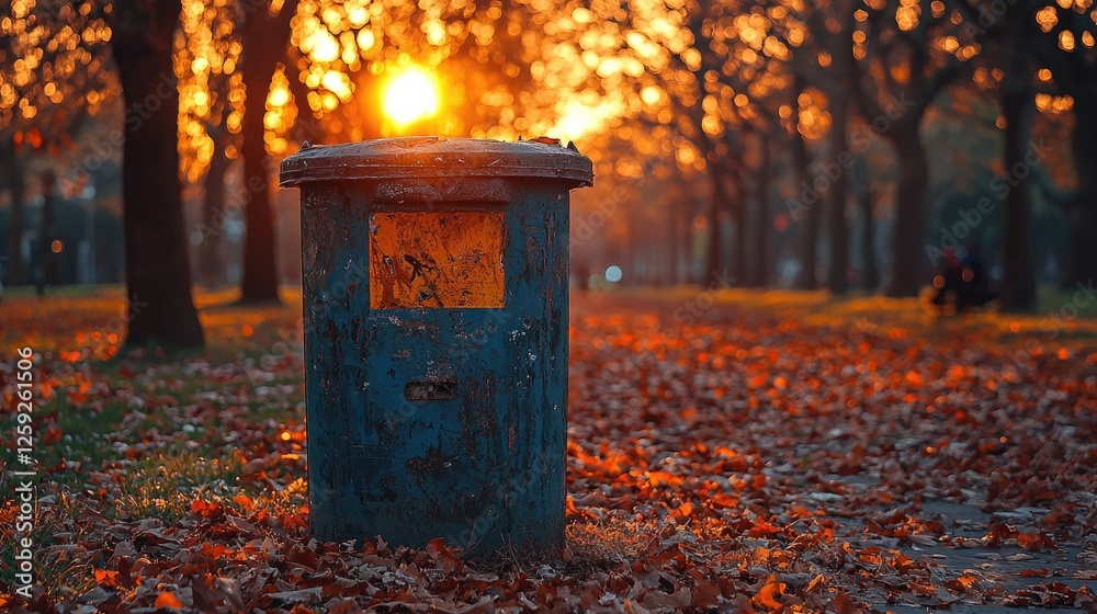 Rusty blue trash bin surrounded by fallen autumn leaves at sunset in a serene park setting Rusty blue trash bin surrounded by fallen autumn leaves at sunset in a serene park setting