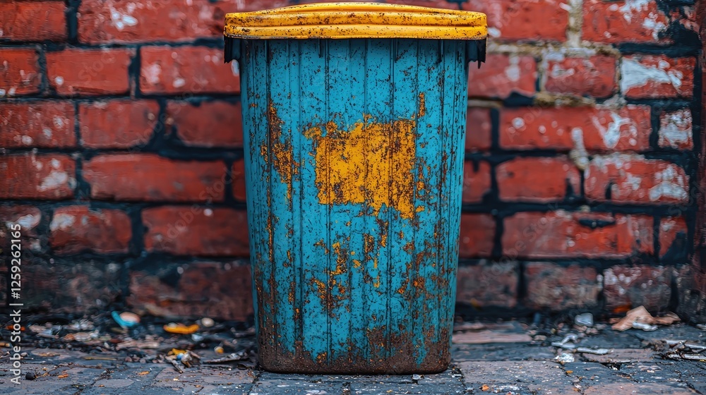 Rusty blue trash bin against a weathered brick wall with scattered debris in the surroundings Rusty blue trash bin against a weathered brick wall with scattered debris in the surroundings