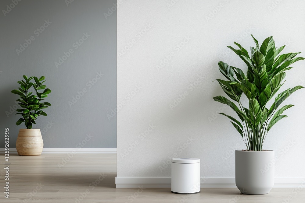 Fototapeta premium Smart Home Security Concepts. Green indoor plants in stylish pots against minimalistic walls.