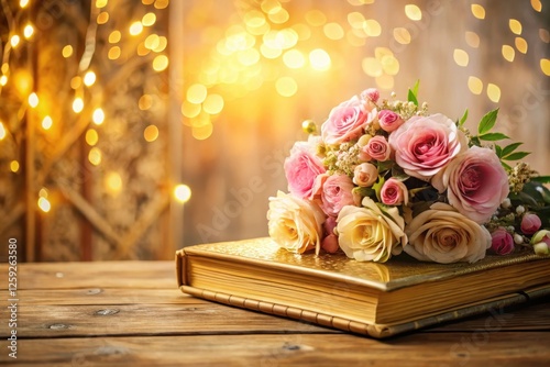 A Delicate Bouquet of Pastel Roses Resting on an Antique Book with a Warm, Golden Backdrop