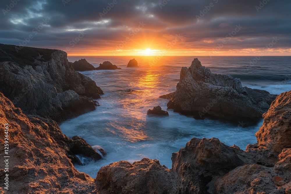 A serene sunrise casting golden light over calm ocean waters A serene sunrise casting golden light over calm ocean waters
