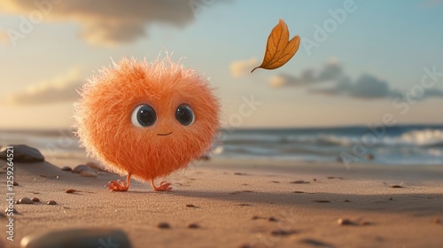 Whimsical orange fuzzball enjoys a peaceful stroll along a sandy shore photo