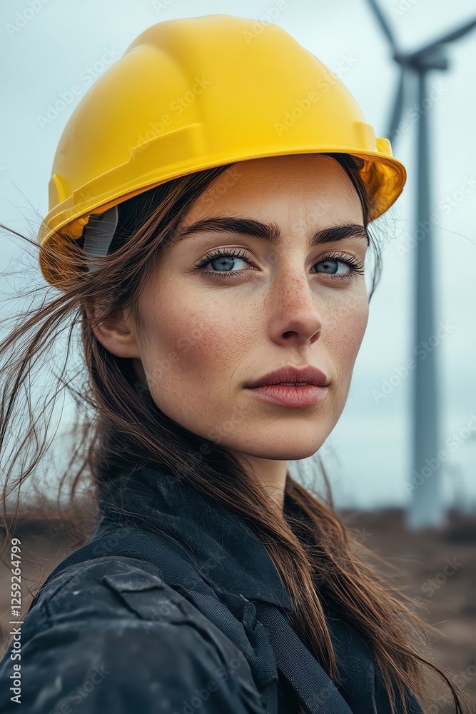 Female engineer in a yellow hard hat, wind turbines in background, overcast sky, medium closeup Female engineer in a yellow hard hat, wind turbines in background, overcast sky, medium closeup