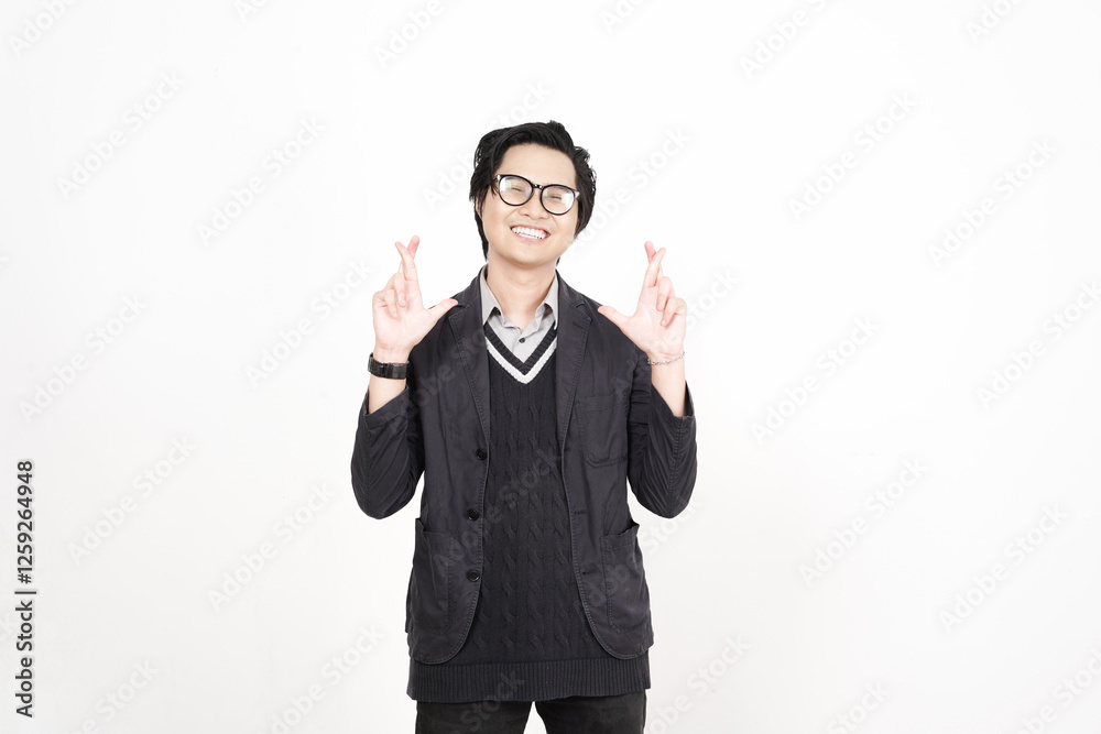 Crossing Finger or Lucky Finger Gesture Of Handsome Asian Man Isolated On White Background Crossing Finger or Lucky Finger Gesture Of Handsome Asian Man Isolated On White Background