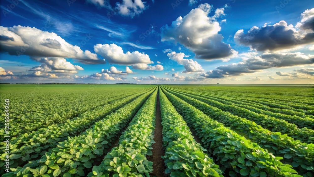Vast Agricultural Field Under a Dramatic Sky, Rows of Lush Green Crops Extending to the Horizon, a Serene and Picturesque Rural Landscape Vast Agricultural Field Under a Dramatic Sky, Rows of Lush Green Crops Extending to the Horizon, a Serene and Picturesque Rural Landscape