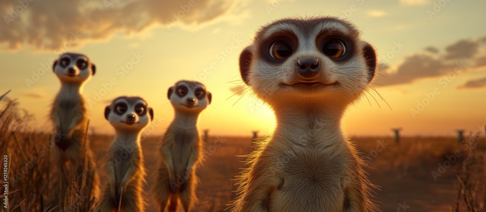 Fototapeta premium Adorable Meerkats at Sunset: A heartwarming scene of meerkats in the African savanna during golden hour.