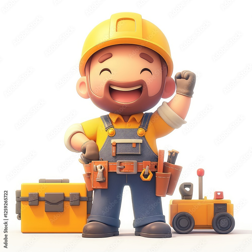 Obraz premium Joyful 3D Cartoon Construction Worker, Tools, and Happy Expression