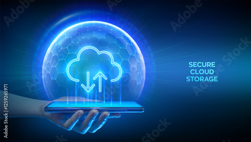 Cloud computing technology concept. Secure cloud storage. Secure data exchange via smartphone. Cloud icon inside transparent protection sphere shield with hexagon pattern. Data protection. Vector.
