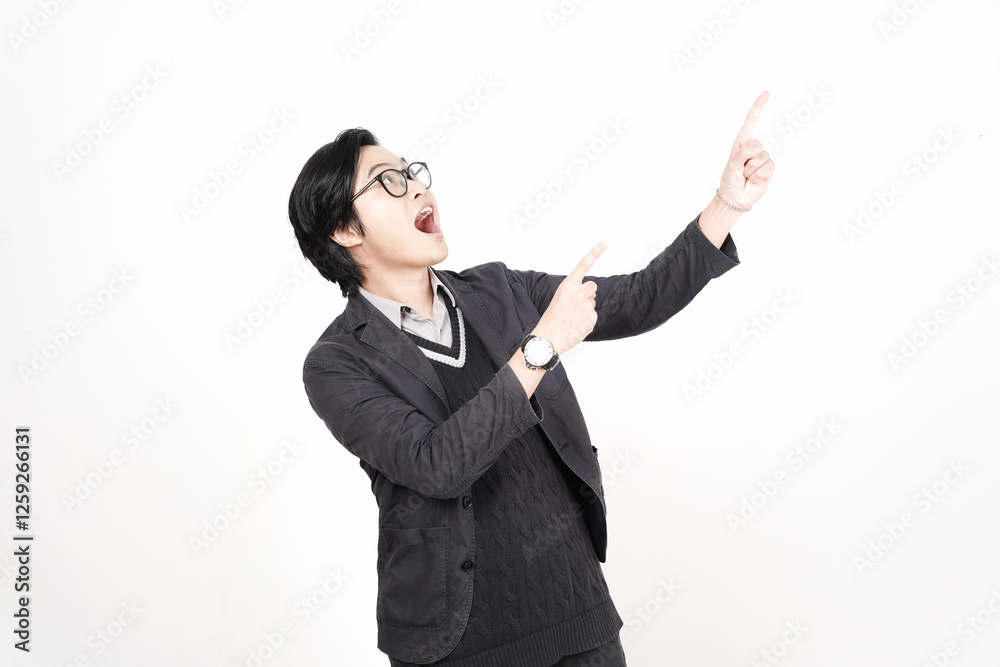 Shocked wow face Presenting and pointing up with forefinger on copyspace for advertising Of Handsome Asian Man Isolated On White Background Shocked wow face Presenting and pointing up with forefinger on copyspace for advertising Of Handsome Asian Man Isolated On White Background